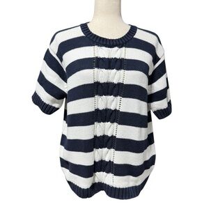 Liz Sport Vintage Cable Knit Striped Short Sleeve Sweater Size M Navy Old Money